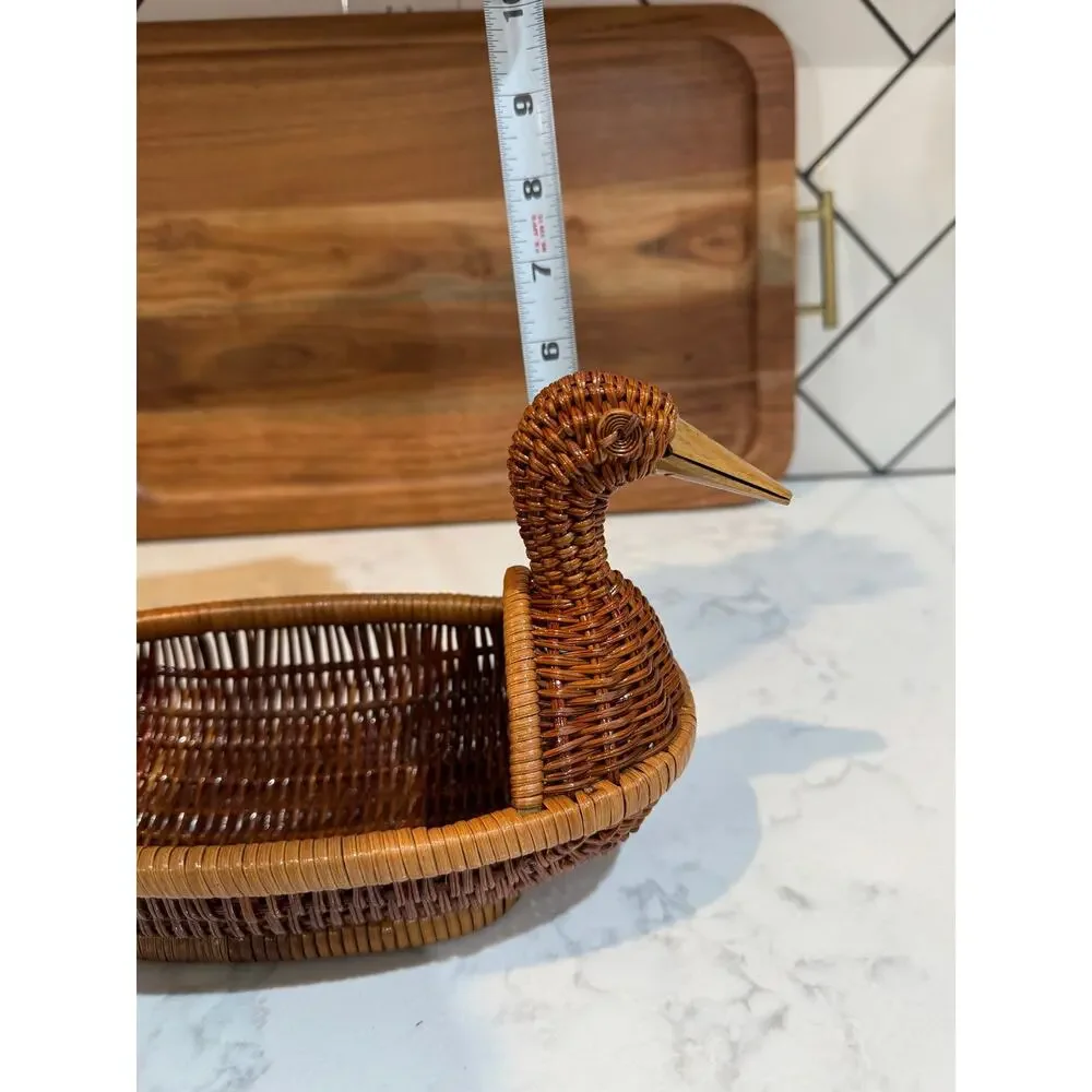 handwoven rattan duck basket elongated oval bowl design integrated duck head